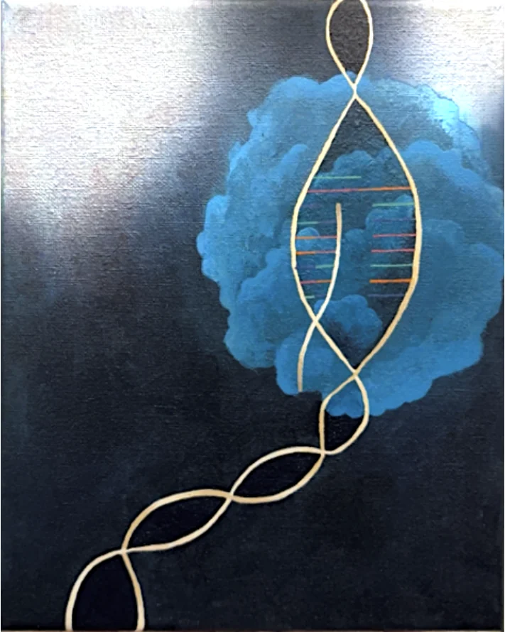My painting of a gold DNA double helix unzipping across a blue cloud
