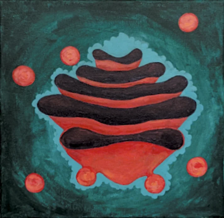 My painting: a stack of curved dark and red-orange sacs on a teal background, ringed by round orange vesicles