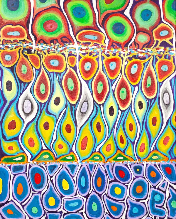 A bright acrylic painting of rows of cells in three layers, each cell outlined in a different color with a colored nucleus