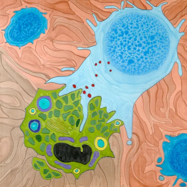 A pale blue immune cell reaching out to a green cancer cell on a background of swirling peach tissue